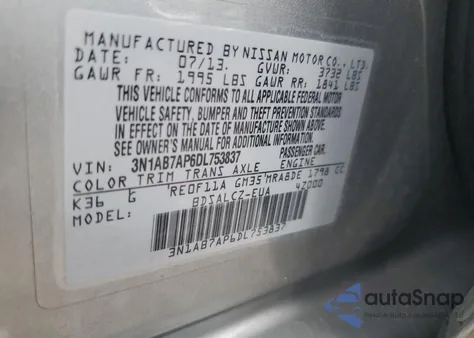 2013 Nissan Sentra S z USA, uszkodzony, nr VIN 3N1AB7AP6DL753837